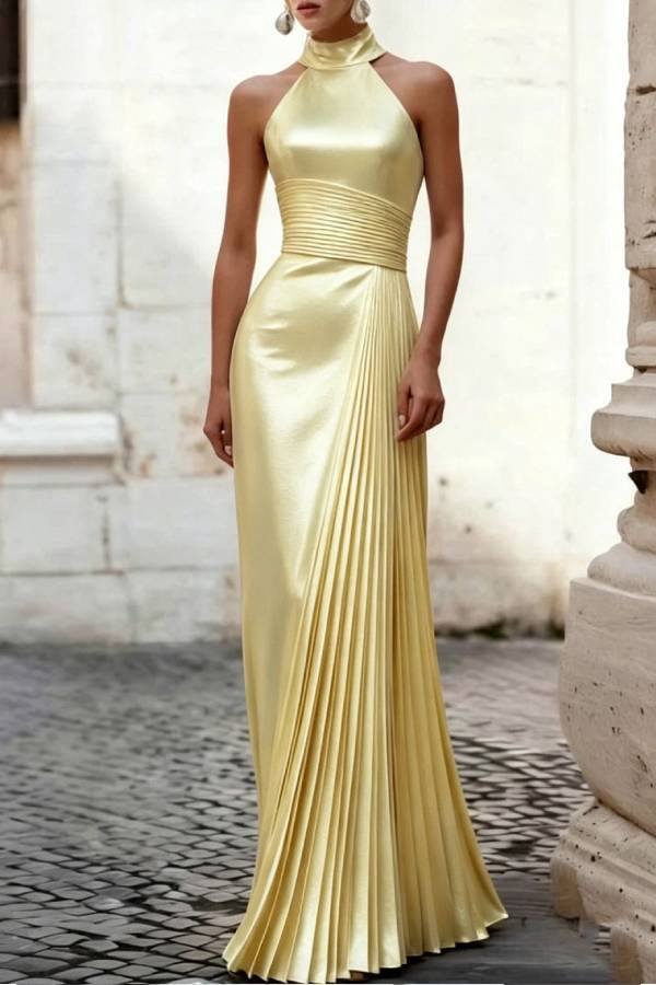 High Neck Halter Waist‑Cinched Pleated Long Evening Gown
