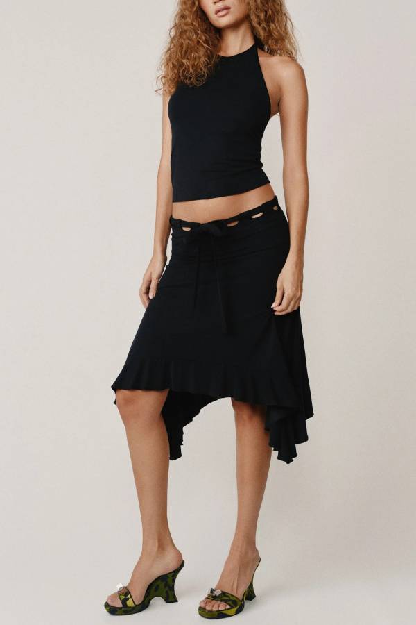 Cutout Waist Tie Irregular Ruffle Hem Midi Skirt