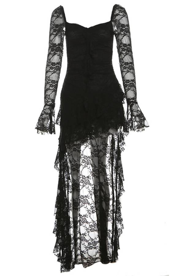 Gothic style lace square neck irregular long skirt