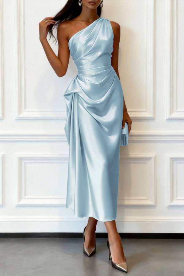 Multi-Color Satin One-Shoulder Ruched Side Draped Midi Formal Dress