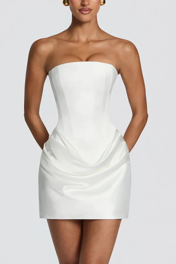 Hayden Satin Detachable Asymmetric Off Shoulder Drape Panel Back Lace-up Mini Dress