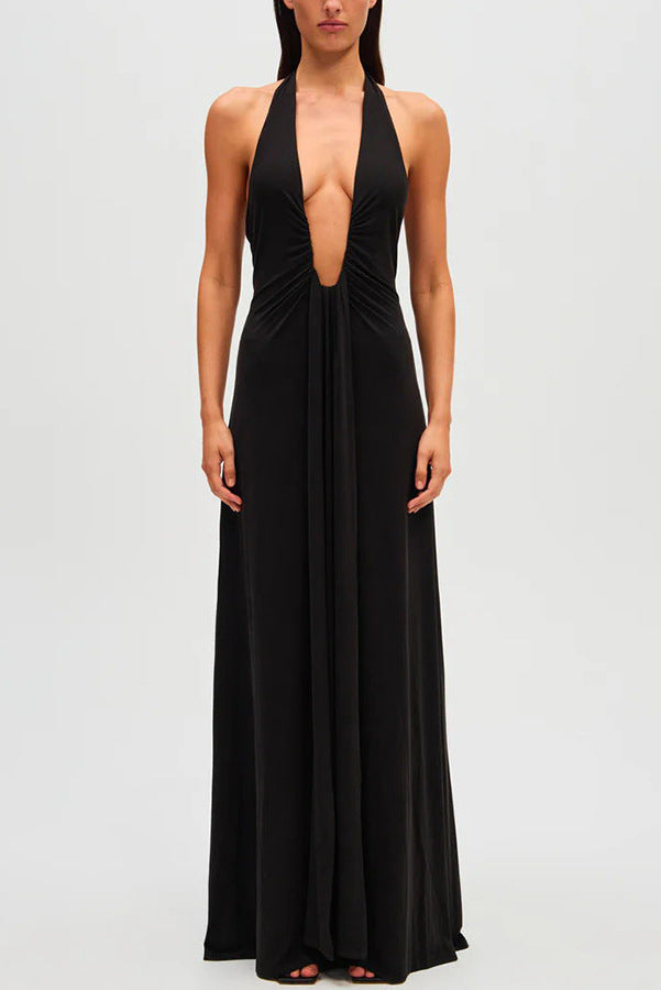Halter Deep‑V Ruched Draped Evening Maxi Dress