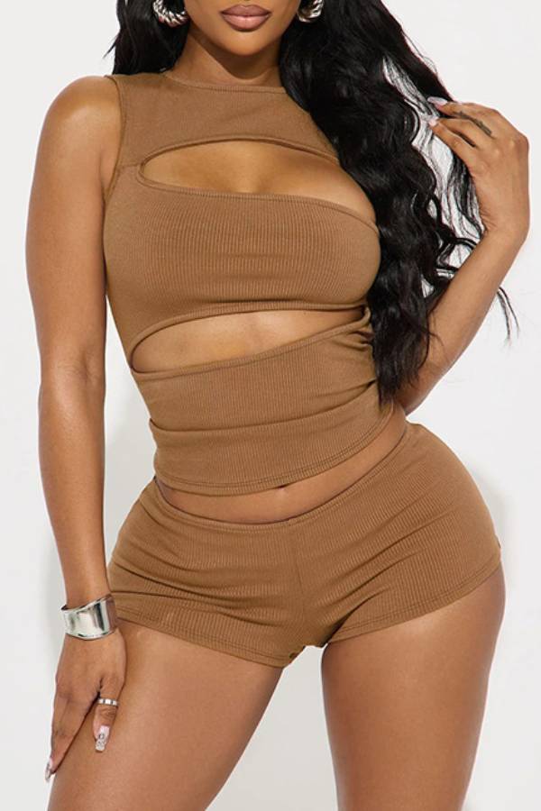 Asymmetric Cutout Ribbed Sleeveless Top and Shorts Set
