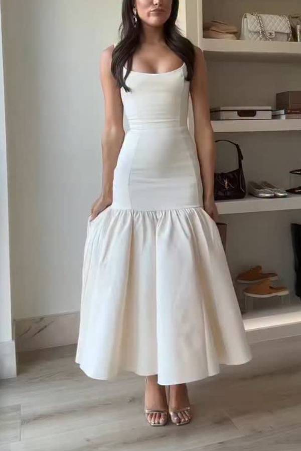 Square Neck Cami Ruffle Hem Midi Dress