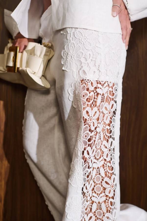 White Lace Panel Long Sleeve Shirt and Wide Leg Pants Two Piece Set