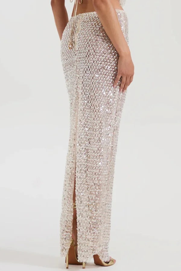 The Great Gatsby Embellished Sequin Mid Rise Flare Maxi Skirt