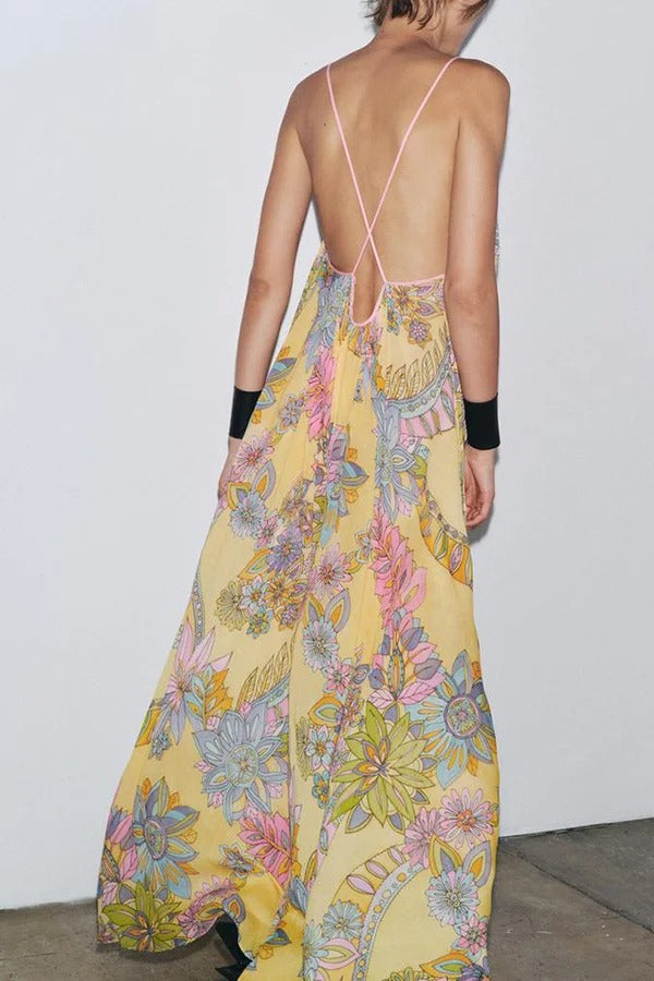 Plant Print Halter Back Loose Holiday Maxi Dress