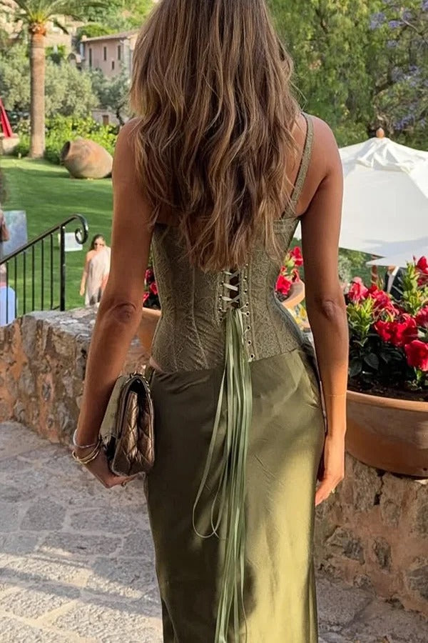 In A Fairytale Lace Satin Mid Rise Drape Maxi Skirt