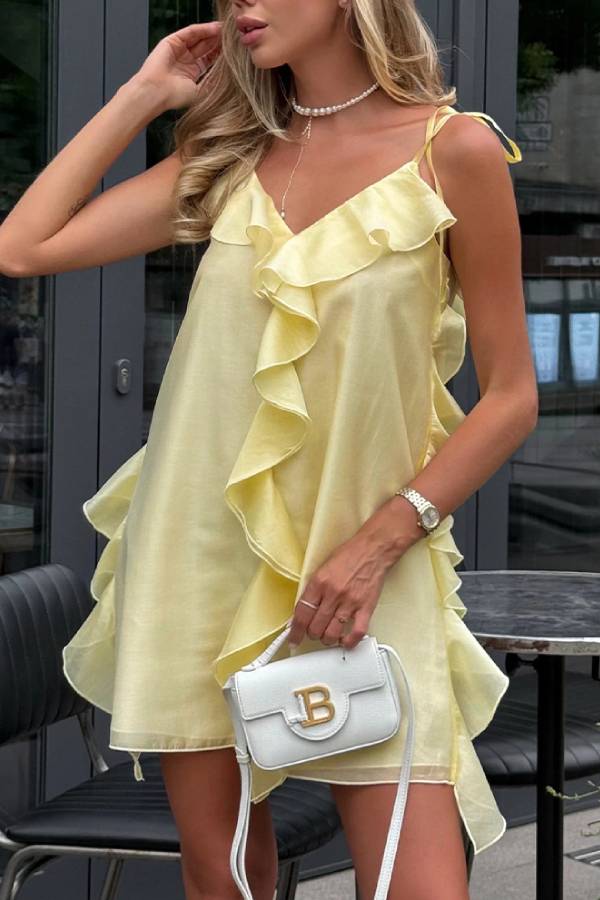 V‑Neck Ruffle Tie‑Strap Mini Dress