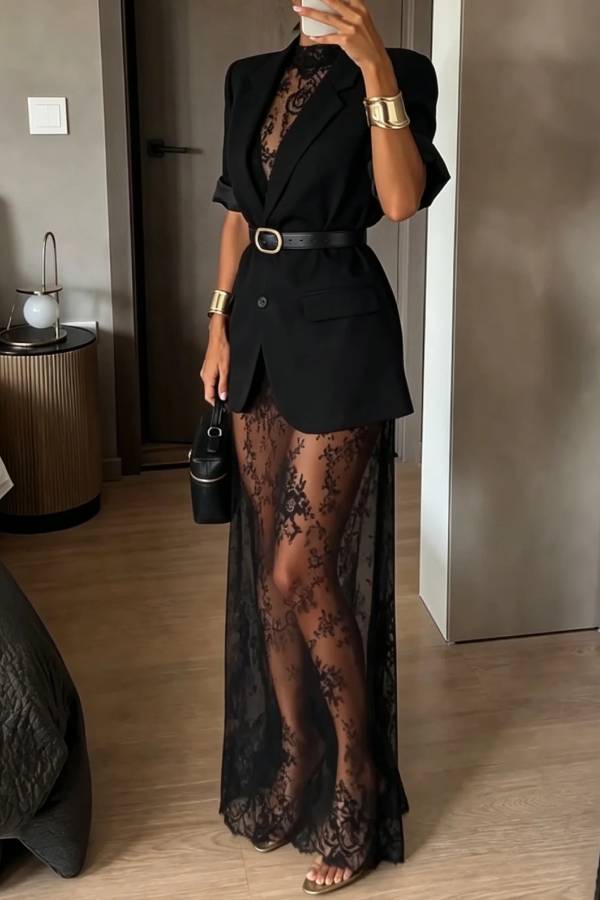 Black Short Sleeve Blazer & Sheer Floral Lace Slip Maxi Dress Two-piece Set