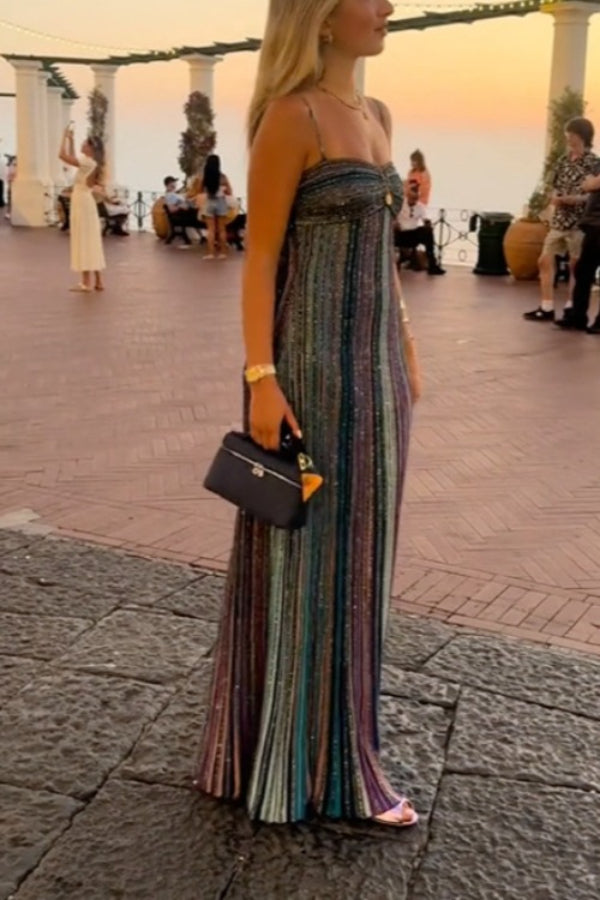Iridescent Striped Knit Spaghetti Strap Maxi Dress