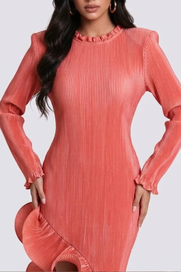 Long Sleeve Pleated High Low Dress with Sculptural Ruffle Hem
