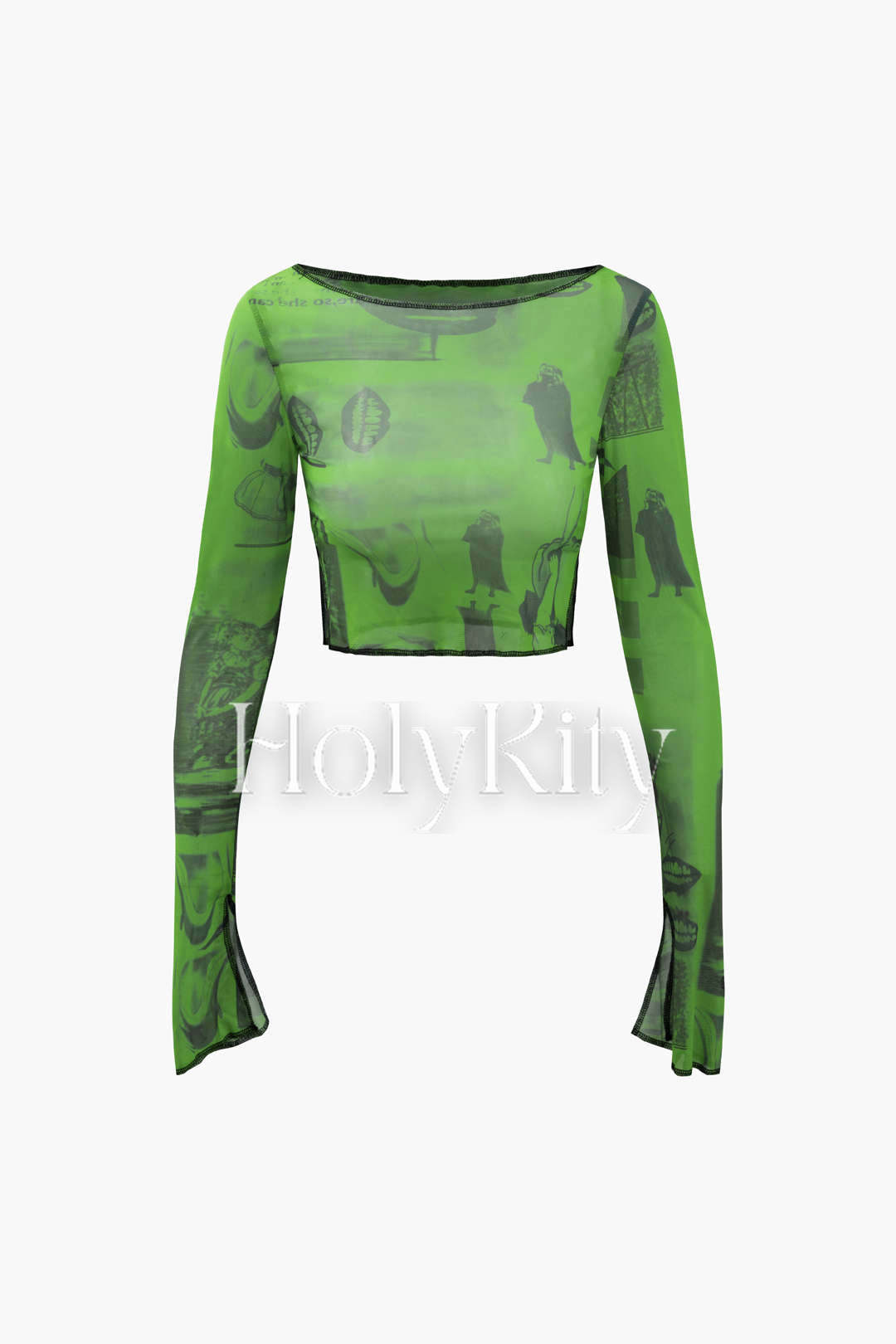 Crop-Top aus Netzstoff mit abstraktem Print und langen Ärmeln