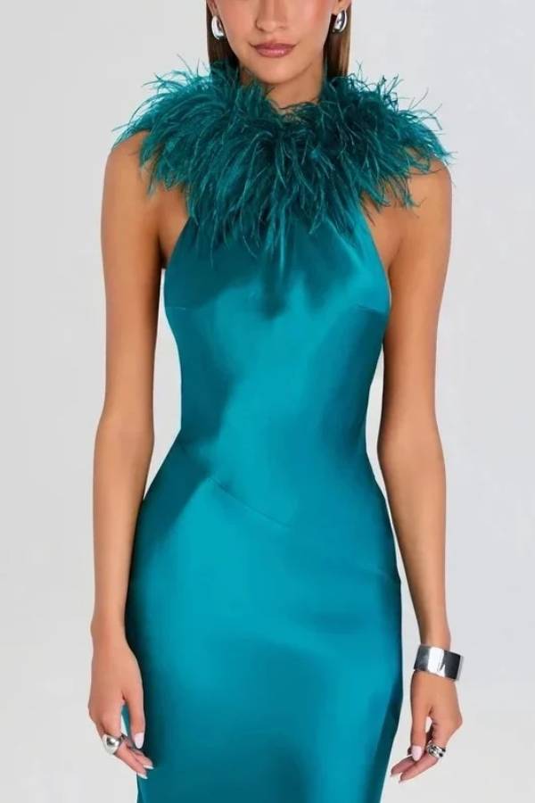 Teal Satin Feather Trim Halter Neck Sleeveless Evening Maxi Dress