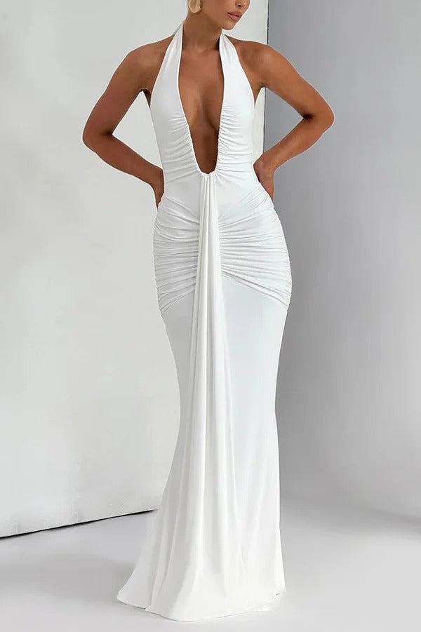 Solid Color Elegant Halterneck V-neck Open Back Tie Gathered Maxi Dress