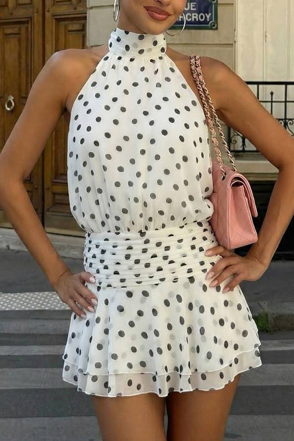 White Polka Dot Halter Backless Smocked Waist Double Ruffle Romper Shorts