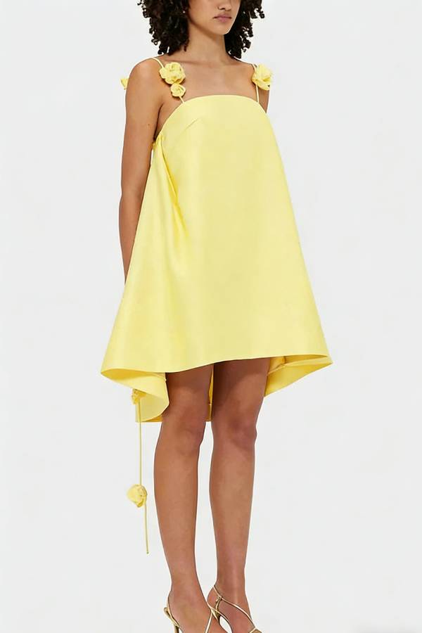 Playful and Flattering Silhouette 3D Rose Drape Straps A-line Mini Dress