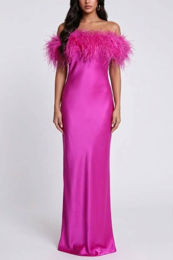 Feather Trim Off-the-Shoulder Satin Column Maxi Dress