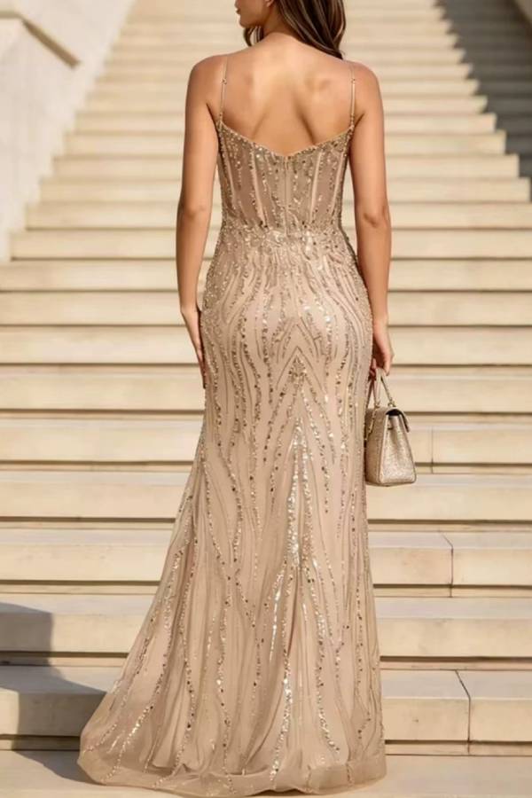 Spaghetti Strap Beaded Sequin High Slit Mermaid Evening Dress