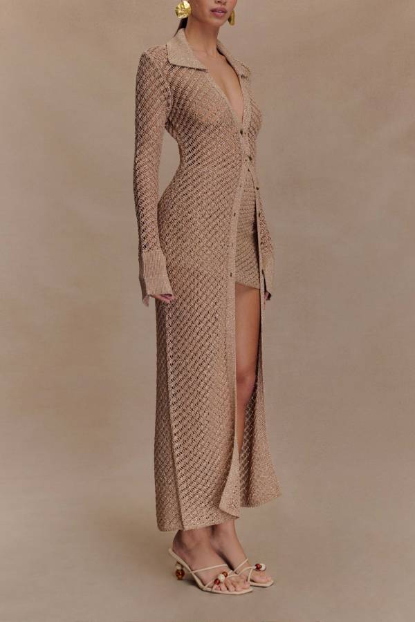 Hollow Slit Knitted Maxi Skirt Set