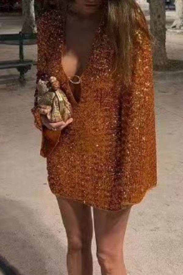 Deep V O-Ring Cutout Flare Sleeve Sequin Mini Dress Club Party Night Gown