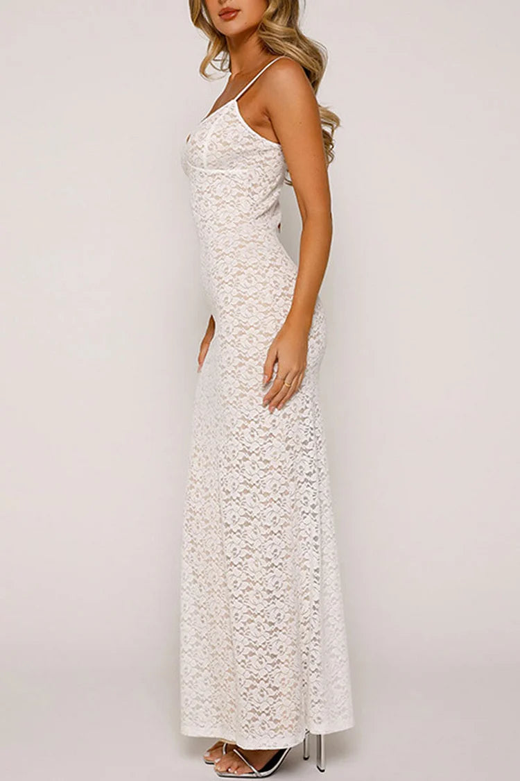 Robe longue moulante en dentelle guipure à col en V pour fête d'anniversaire - Noir