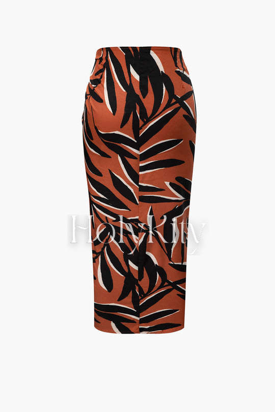 Leaves Print Knot Front Slit Midi Skirt