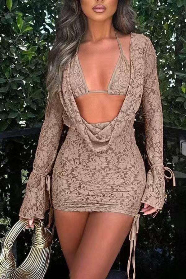 Faux Two-Piece Cutout Backless Lace Bodycon Mini Dress