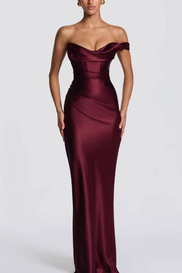 Multi-Color Satin Strapless/One-Shoulder Lace-Up Mermaid Maxi Formal Dress