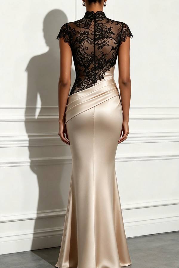 Exquisitely Elegant Lace Satin Fabric Stand Neck Short Sleeve Ruched Drape Maxi Dress