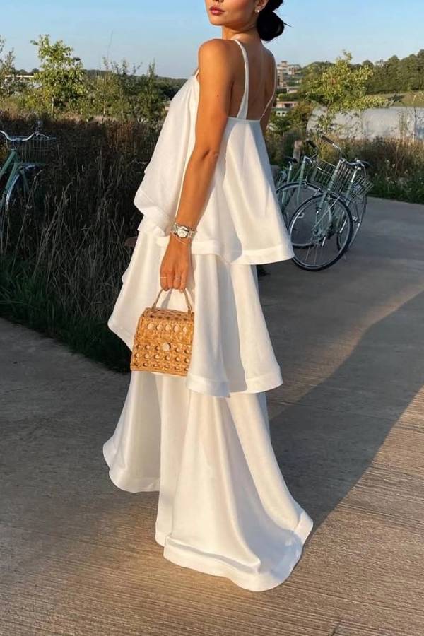 Elegant Three-layer Ruffle Sling Maxi Dress