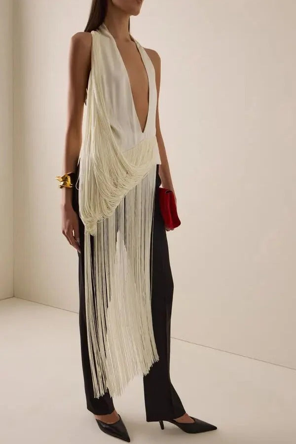 Dramatic Effect Plung Neck Sleeveless Irregular Draped Tassels Midi Top