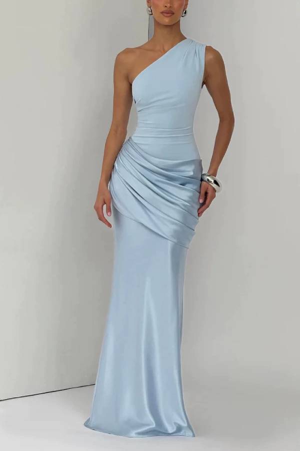 One Shoulder Ruched Satin Mermaid Maxi Gown
