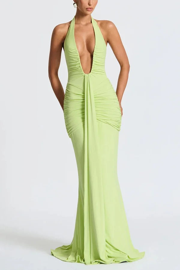 Solid Color Elegant Halterneck V-neck Open Back Tie Gathered Maxi Dress