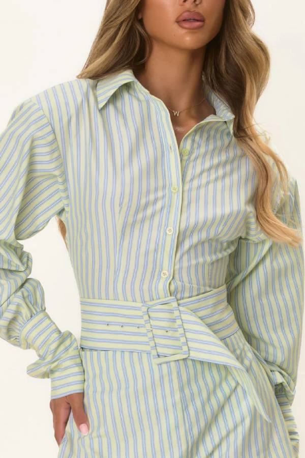Urban Chic Striped Print Shoulder Pads Belted Blouse and Elastic Waist Flare Shorts Set