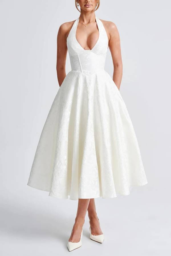 Halter Deep V Jacquard Waisted Midi Evening Dress