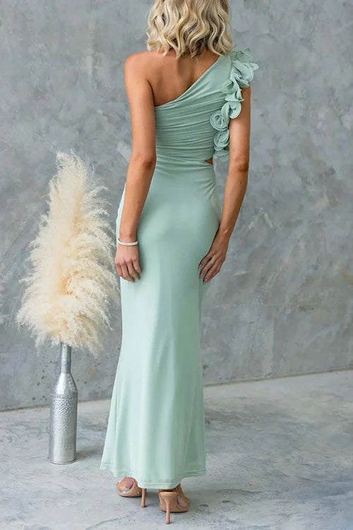 Frill One Shoulder Sleeveless Cut Out Waist Mesh Maxi Dress