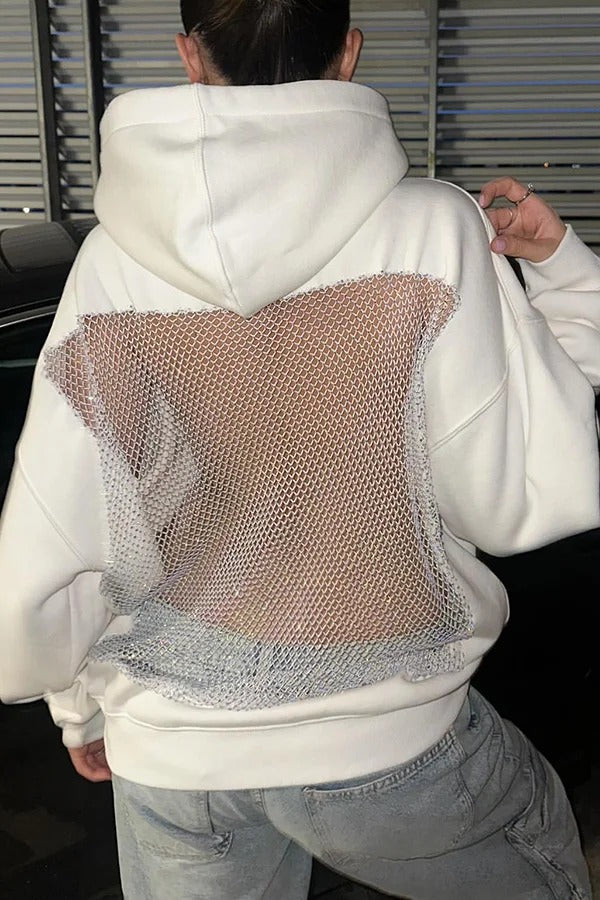 Fashionable Shiny Mesh Hollow Back Loose Long-sleeved Hooded Sweatshirt
