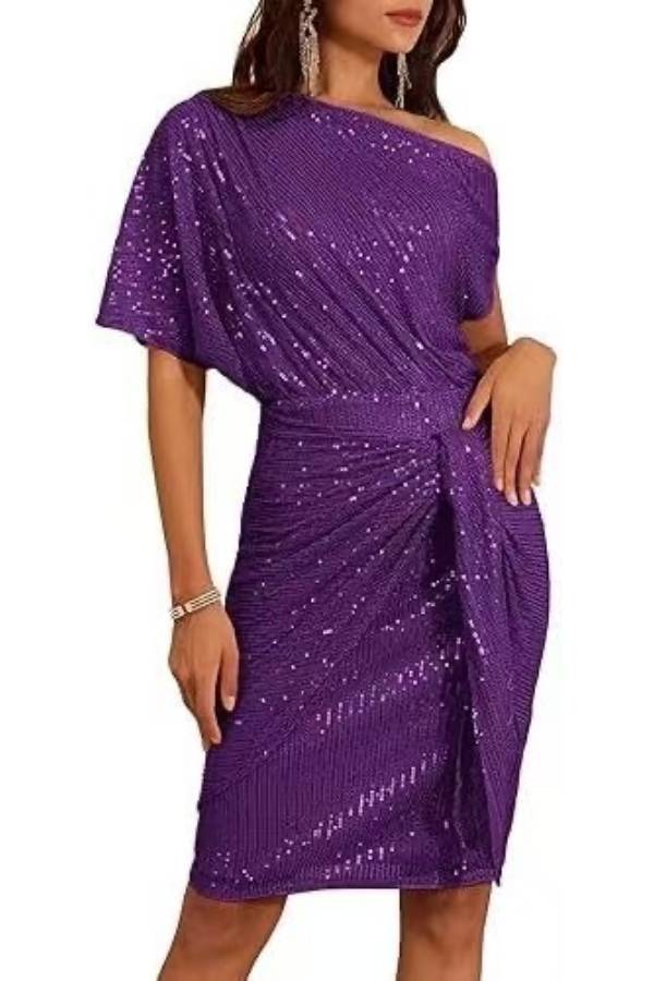 One-shoulder sequined twisted fitted party dress