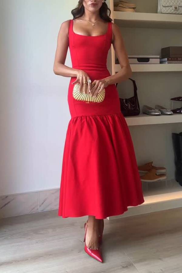 Square Neck Cami Ruffle Hem Midi Dress