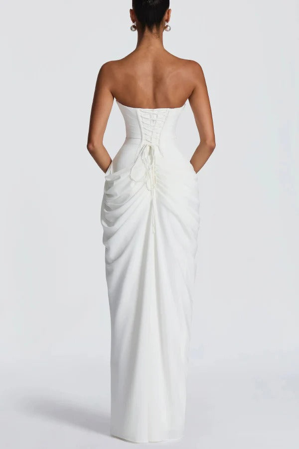 Cyra Chiffon Back Lace-up Asymmetrical Pleats Strapless Slit Maxi Dress
