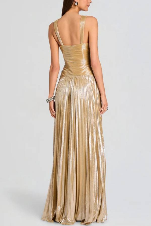 Halter Twist Cutout Metallic Pleated Long Evening Gown