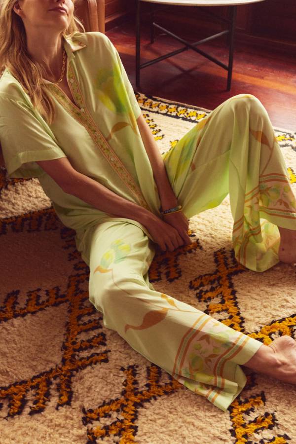 Niah Satin Tulip Print Lapel Short Sleeve Shirt and Elastic Waist Tie Pocket Wide Leg Pants Set