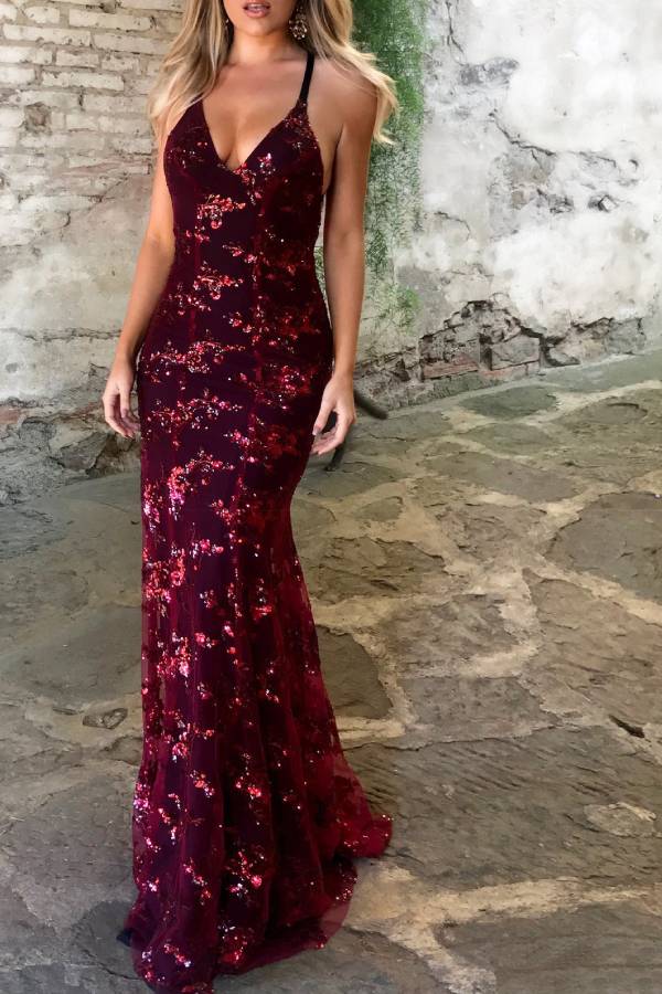Halter Deep V Sequin Floral Mermaid Evening Gown