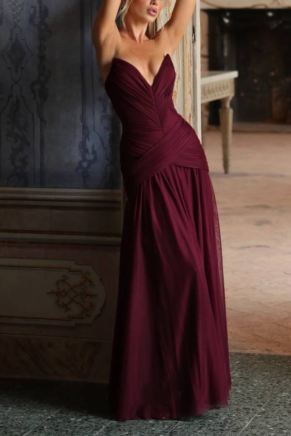 Persephara Pleated Tulle Sweetheart Neck Strapless Back Lace-up Maxi Dress