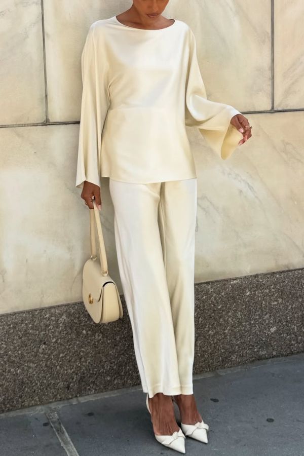 Silky and Elegant Satin Wide Neck Long Sleeve Loose Top and Elastic Waist Wide Leg Pants Set
