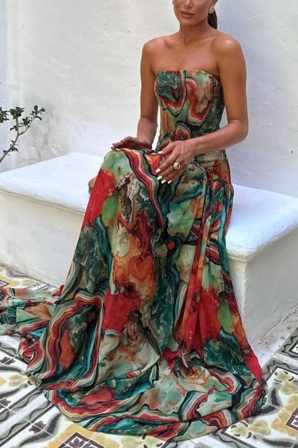 Vacay Vibes Colorful Lava Print Off Shoulder Smocked Scarf Maxi Dress