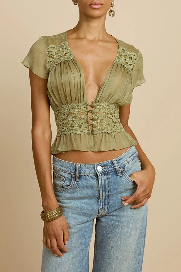 Sabrina Chiffon Lace Trim Button Up Short Sleeve Ruffle Plung Blouse