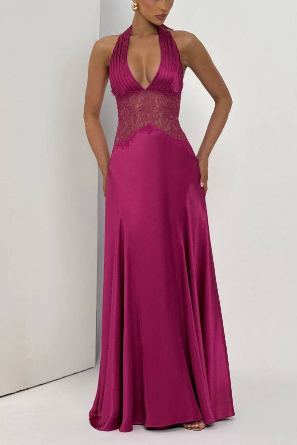 Virella Satin Lace Waist Pleated Halter Neck Straps Back Lace-up Maxi Dress