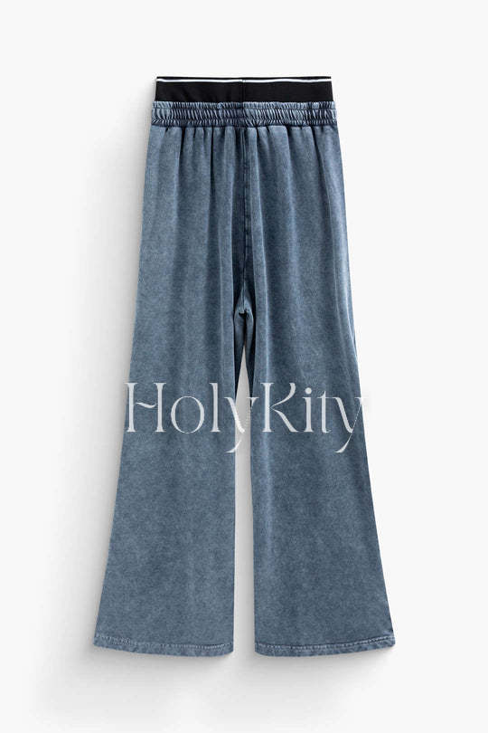 Contrast Tie Waist Ruched Trim Straight Leg Pants
